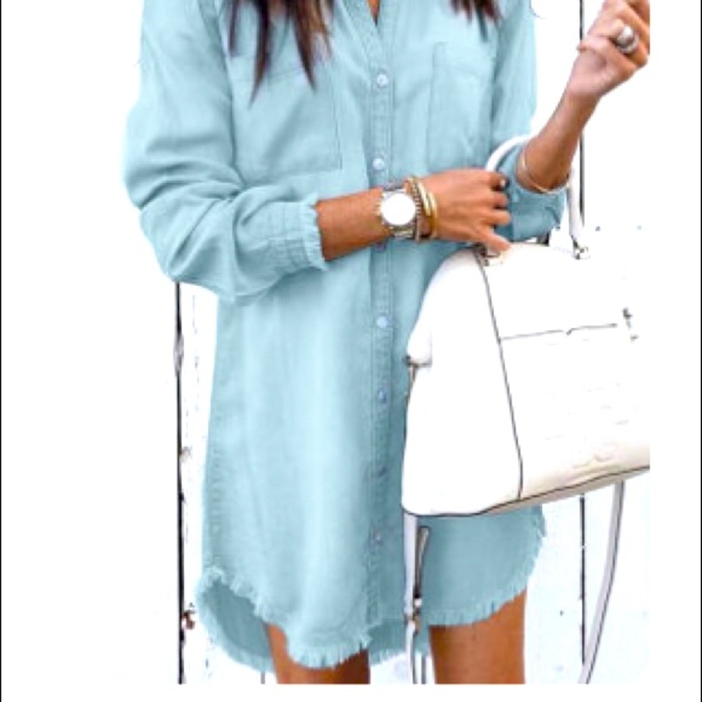 Sky blue denim long sleeve shirt dress